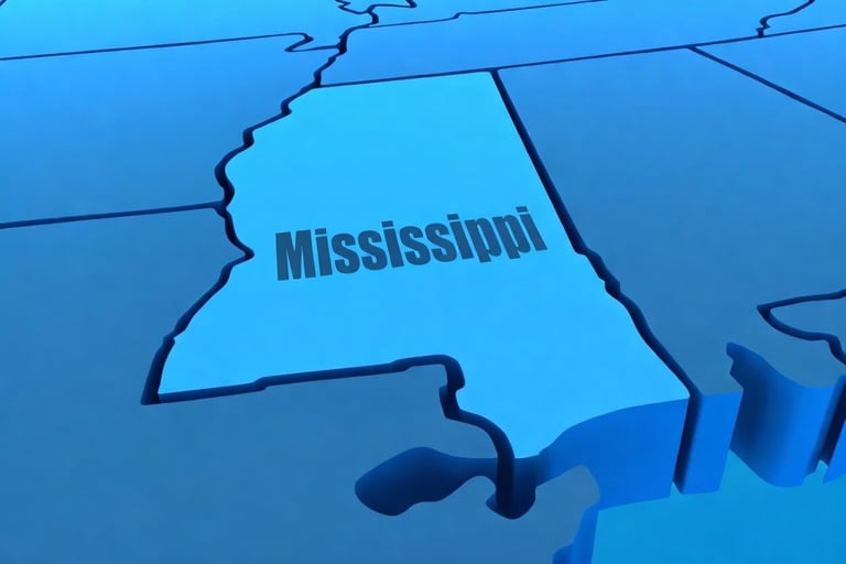 3D map of Mississippi state highlighted in light blue with dark blue borders and surrounding states on darker blue background